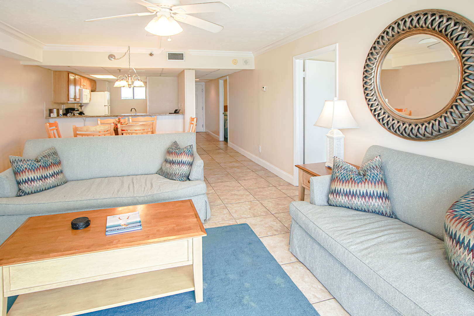 An airy living room at VRI's Landmark Holiday Beach Resort in Panama City, Florida.